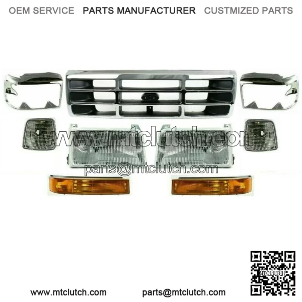 Grille Chrome + Headlights Kit For 1992-1997 Ford F-150 F-250 F-350 (For: Ford F-150)